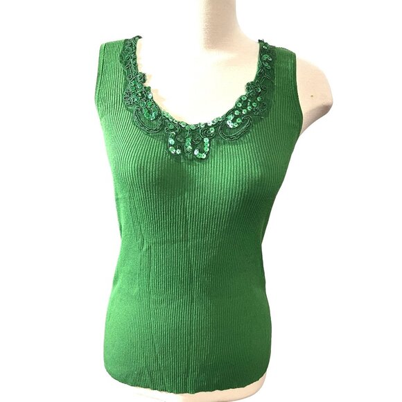 Tara Ryan Vintage Green Sequin Ribbed Knit Sleeveless Blouse Sz Small Gorgeous S - Picture 2 of 5